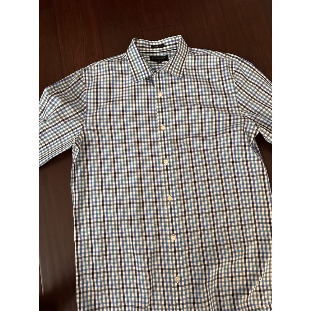 Banana Republic Mens Slim Fit Non-Iron Gingham Button Down Shirt Blue White L